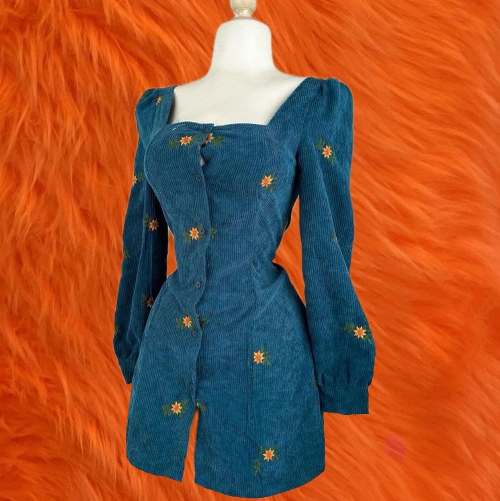 Blue Floral Corduroy Dress